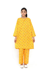 Plum Khaddar Bright Yellow Colour Printed Red Purple Flowers On 2 pc Stitched suit For Girls